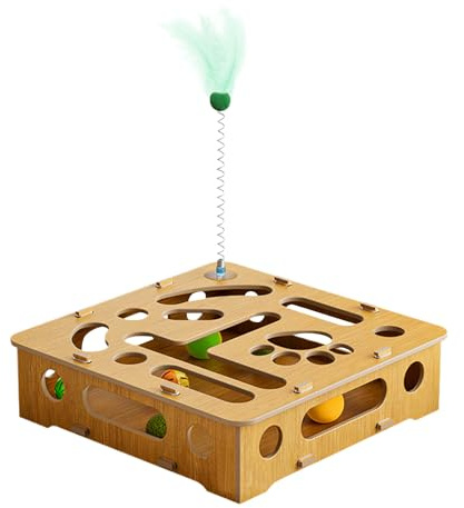 Wood Cat Toy - Interactive Puzzle Treat Box with Faether Balls, Indoor Sports and Hunting Entertainment for Cats | Stimulating Play, Spring Teaser, Mental Exercise, Active Kitty Game, Indoor Fun