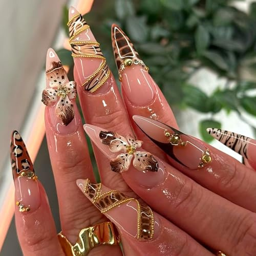 Ceboic 24Pcs French False Nails Almond Long, Nude Pink Press on Nails with 3D Flowers Leopard Designs, Handmade Acrylic Full Cover Fake Nail, Elegant Reusable Stick on Nails for Women Girls Manicure