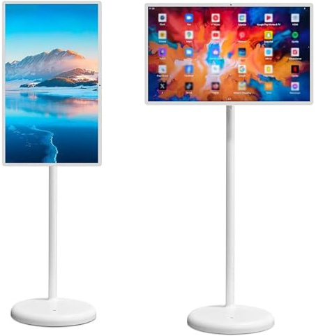 Tele portable sur pied, Moniteur Portable, Écran Tactile sans Fil, avec écran Intelligent Rotatif de 1080p,système d'exploitation Android, Batterie intégrée, Rotation complète à 360 degrés(4+64G,27IN)