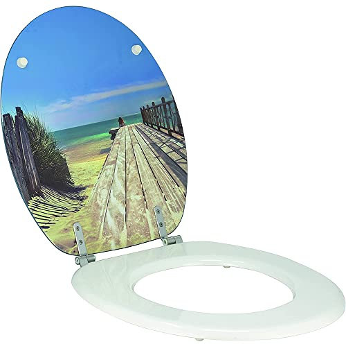 Wirquin 20719122 20723906 Abattant WC Fibre de Bois Woody en Forme U Holiday Beach et Blanc Toilet seat, Blue, 47.6 x 38 x 6.4 Centimeters