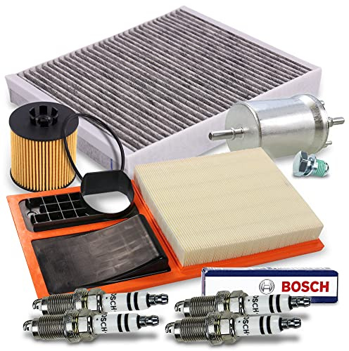 BESTPRICE Inspektionspaket Filterset mit 1x Ölfilter, 1x Luftfilter, 1x Innenraumfilter (Pollenfilter) mit Aktivkohle, 1x Kraftstofffilter, 4x Zündkerze Super plus FR7HC+,