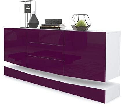 Vladon Sideboard City, Made in Germany, Weiß matt/Brombeer Hochglanz - Moderne Kommode für Ihr Wohnbereich (178 x 72 x 38 cm)