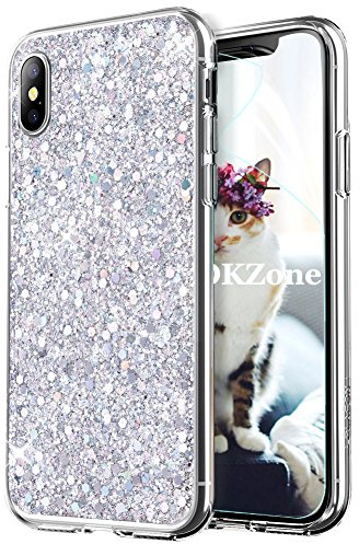 OKZone iPhone X Hülle, Glitzer Bling Designer Weich TPU Bumper Case Silikon Schutzhülle Handy Tasche Rückseite Hülle Etui Cover TPU Bumper Schale für Apple iPhone X/XS 5.8 Zoll (Silber)