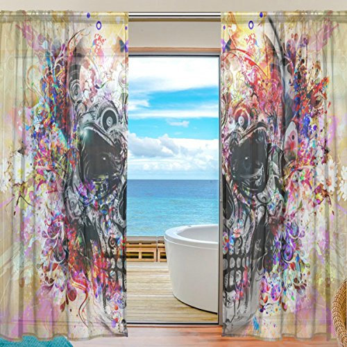 yibaihe Fenster Sheer Vorhänge Panels Voile Drapes Tüll Vorhänge Schöne Einrichtung Colorful Watercolor Totenkopf 2 Einsätze für Wohnzimmer Schlafzimmer Girl 's Room, 140cm x 213cm