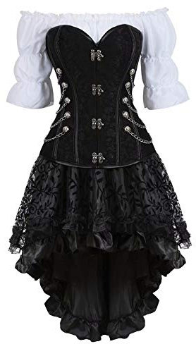 Vestidos Corset Steampunk muje Bustier Sexy gotico Pirata Bordado Cuero Corsé y Falda Tutú Blanco Blusa Fiesta 3 Piezas Negro M