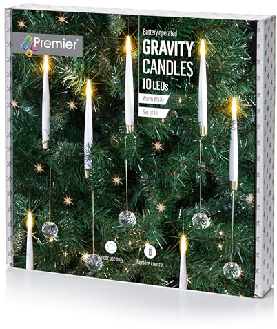 Premier Battery Operated Gravity Candles, Set of 10 Warm White LED Hanging Candles with Weighted Glass Effect Crystals, Remote Control, Indoor Use