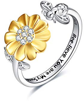 YFN Sonnenblume mit Biene Ringe Sterling Silber Gänseblümchen Open Verstellbarer Ring You Are My Sunshine Geschenk für Frauen Mädchen (Biene)