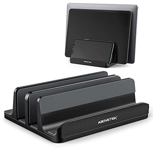 AboveTEK Vertical Laptop Stand 3 Slots for Computer, Tablet, Phone - Fits All Laptop Models (up to 17.3) - Heavy Duty Polished Aluminum Desktop Holder - Anti Slide Silicone Grips - Black