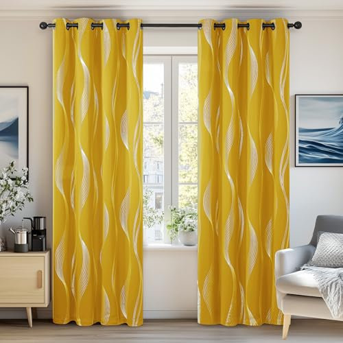 Deconovo Super Soft Blackout Curtains Eyelet Silver Wave Line Foil Printed Window Treatment Curtains for Bedroom 52x90 Mellow Yellow 2 Panels