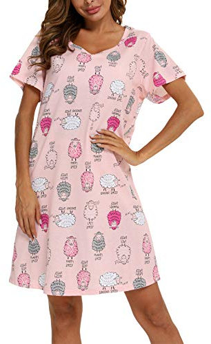 ENJOYNIGHT Chemise de Nuit Femme Manches Courtes Vêtements de Nuit Coton Imprimé Robe de Nuit (Medium,Mouton Rose)