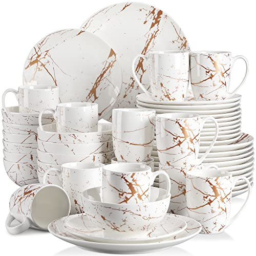LOVECASA 'Daphne', 48 Pieces Porcelain Dinner Set Color Glaze with Gold Plate Crockery Set Kitchen Dinnerware Set with Dinner Plates, Dessert Plate, Bowls and Mugs, Service for 12, White