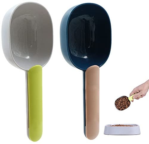 Schaufel für Hundefutter Haustiere Griff mit Clip Haustierfutter Hund Katze liefert Lebensmittel Abfüllschaufel Haustierlöffel Küchenlöffel Haustier Löffel 2 PCS (Indigo + Staub, Grau Grün)
