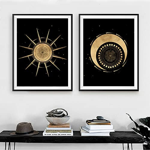 BDHcdfAJGf Schwarz Gold Mond Sonne Poster und Kunstdrucke Moderne abstrakte Wand Bilder Leinwand Bild Nordischen Stil Wandbilder Wohnzimmer Dekor 50x70cmx2 Ungerahmt