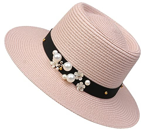 YiyiLai Panama Femme en Paille Chapeau de Soleil Ruban de Perles Plage Mariage Voyage Léger Rose Pâle