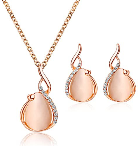 Yienate Ensemble de bijoux de mariage avec collier et boucles d'oreilles en cristal opale et zirconia Collier pendentif en cristal rose et boucles d'oreilles en or pour femmes et filles