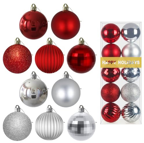 Silber & Rot 6,3 cm Weihnachtskugeln Weihnachtsbaumschmuck Ornamente Bruchsicher Hängende Kugeln für Geburtstag Halloween Urlaub Hochzeit Dekorationen Set von 10pcs