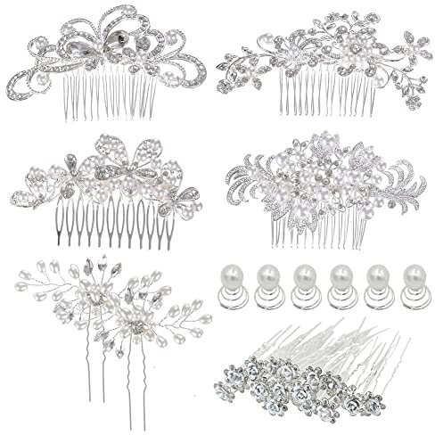 inSowni 32 Pack Silver Wedding Hair Side Combs Slides+U-shaped & Twist Spiral Bridal Hair Pins Headpieces Clips Barrettes Rhinestones Pearls Hair Accessories for Women Girls Brides Bridesmaids