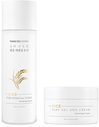 Rice Pure Essential Toner & Gel and Cream Duo - Korean Rice Extract, K Beauty, Dermatologist Tested, Niacinamide, Vegan