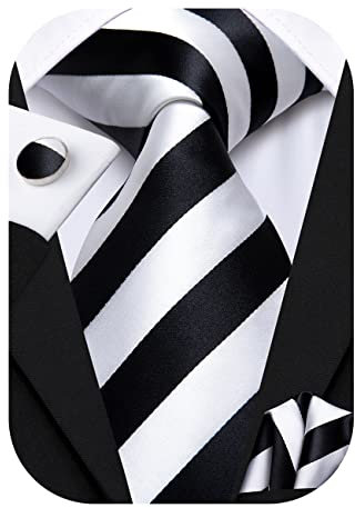 Hi-Tie Herren Krawatte Schwarz Paisley/Plaid/Streifen/Einfarbig Krawatten Set Einstecktuch Manschettenknöpfe Business Formal Hochzeit Meeting Geschenkbox,schwarzer weißer Streifen