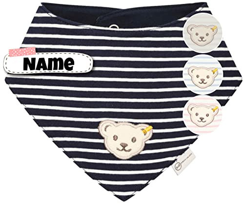 Steiff Baby Halstuch mit Name | BIO Baumwolle | Steiff personalisiert Dreieckstuch | 0-4 Jahre | Druckknopf | Halstuch Babygeschenk (Streifen navy royal weiß)