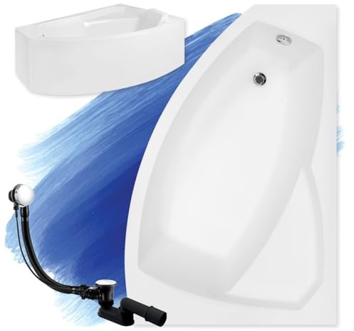 BADLAND Badewanne Original Weiß Acryl Wanne Eckbadewanne RIMA 140x90 Rechts KOMPLETTSET SET mit Weiß Acrylschürze + Füßen und Exklusive Chrom Automatik Ablaufgarnitur Made in EU 4in1
