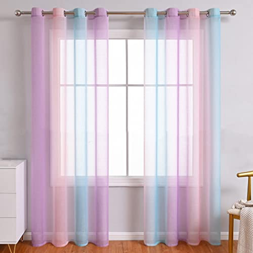 Lsimeru Regenbogen Vorhang Farbverlauf Transparent Lila Rosa Blau 2er Pack Tüll Gardinen Durchsichtig Bunt Ösenschal Ösenvorhang Halbtransparent Wohnzimmer Schlafzimmer,140x260