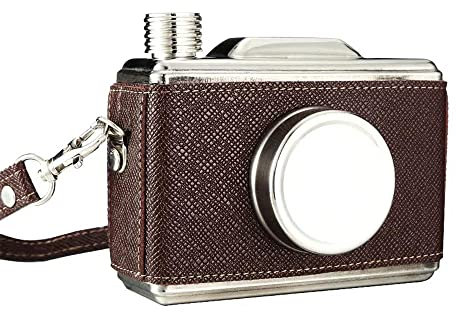 Edelstahl Flachmann 325 ml Wein-Fläschchen Braunes Leder Kamera geformte Tasche Alkohol Flaschen