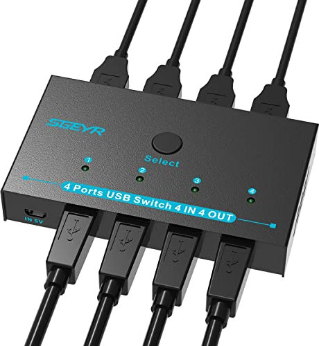 USB 2.0 Switch Selector 4 Port, SGEYR KVM Switcher 4 Computer teilen sich 4 USB-Geräte Ein-Knopf-Swapping, für die gemeinsame Nutzung von Maus, Tastatur, Drucker, Scanner, mit 4 USB-Kabeln