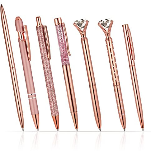 7pcs Or Rose Stylo à Bille Brillant, Cristal Stylo à Bille Rose Or Encre Noire Pointe Fine Stylo Diamant Stylo Bille Paillette pour Mariage Maison École Bureau Fournitures