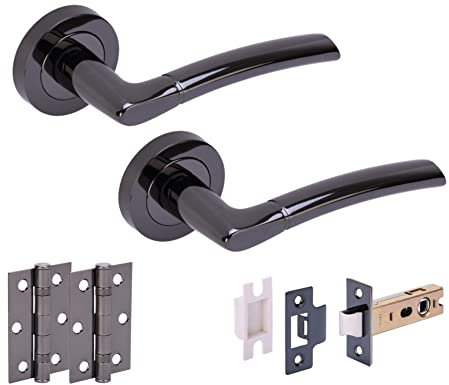 HANDLEZONE® Neemo Internal Door Handle Latch Pack, Complete with Lever On Rose Handles, Latch, Ball Bearing Hinges - Black Nickel