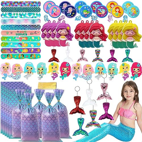 72 Pezzi Gadget Sirena Compleanno Party Accessori Festa Regalo Set Portachiavi Bracciale Anello Sacchetti per Caramelle in Carta, per Bambina