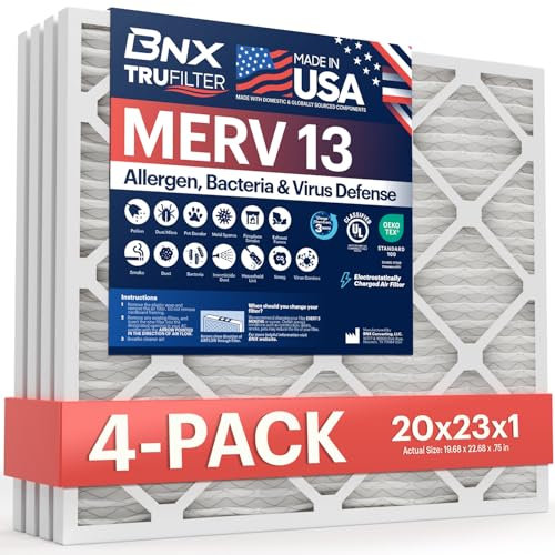 BNX TruFilter MERV 13 - Filtro de aire de 20 x 23 x 1 pulgadas (paquete de 4) – Fabricado en Estados Unidos – Electrostático plisado aire acondicionado HVAC filtros de horno para alergias, polen, moho