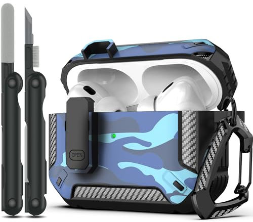 RFUNGUANGO Kompatibel mit Airpod Pro 2 Hülle (2023/2022/2019) mit Reinigungskit, Hartschalen-Schutz Hülle Kompatibel mit Airpods Pro 2./1. Generation (USB-C/Blitzkabel), Blauer Tarnanstrich