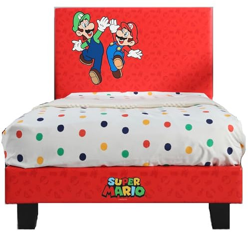 X-Rocker Official Nintendo Super Mario Gaming Bed for Kids, 3ft Single Bedstead Frame, Wooden Slats, PU Faux Leather Upholstered Headboard, Mario & Luigi, Kids Bedroom for Gamers 90x190cm - RED
