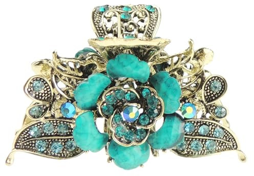Womens Metal Wedding Rhinestone Crystal Bridal Bride Party Prom Strong Gold Tone Vintage Look Rose Flower Hair Accessory Up Do Octopus Bulldog Crab Styling Claw Grip Clamp Clip (Turquoise)