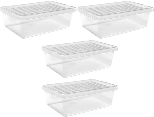 Muddy Hands Pack of 4-32 Litre Large Clear Plastic Storage Boxes with Lids Under Bed Stackable Containers - Length: 58.5cm - Width: 39cm - Height: 18cm