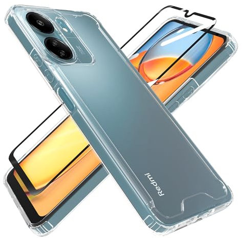 HHUIWIND Cover per Xiaomi Redmi 13C 4G / Poco C65 (6,74) Custodia con 9D Pellicola Vetro Temperato,Antiurto Rigida PC + Morbido Silicone tpu Bumper Case - Trasparente