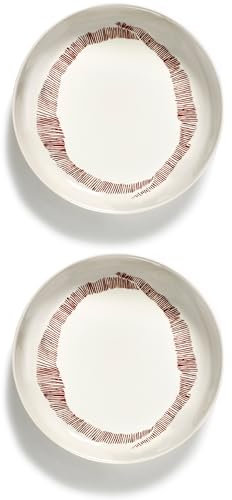 Serax Ottolenghi Pastaschüssel-Geschirr-Set, Festgeschirr von Ottolenghi, tiefe Salat- und Suppenteller, Set mit 2 rot-weißen Schalen, Servierschale aus Steingut, mikrowellengeeignet