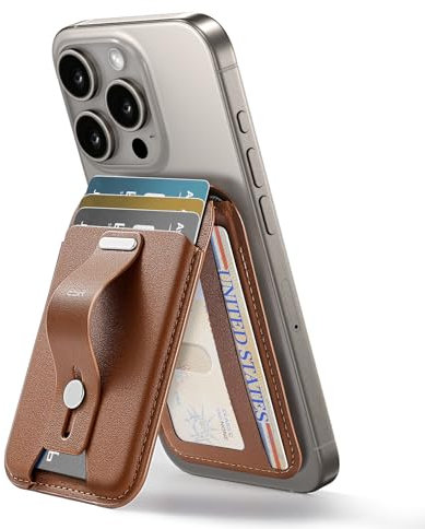ESR para MagSafe Cartera, 5 Tarjetas, Cartera iPhone con Soporte Ajustable, Bucle Dedo, Agarre Seguro, Wallet Magnética iPhone16/15/14/13/12, NO para iPhone Mini, NO Compatible con Buscar, Marrón