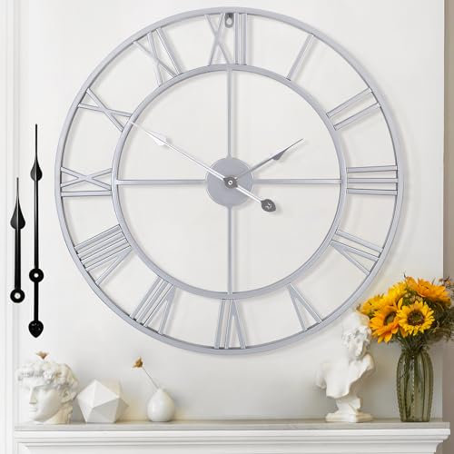 Mee 2ou Wanduhr Groß Modern Nahezu Lautlos Ohne Tickgeräusche -60cm Durchmesser Römische Ziffern Wanduhren Modern Wohnzimmer Wanduhr Vintage Für Schlafzimmer Küche Büro Landhausstil Industrial Style