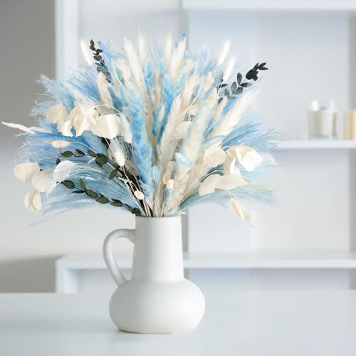 N&T NETING Pampas Gras Dekor-101Pcs Natürliche Navy Blau Pampas Weiß Pampas Gras Blau Hase Schwänze Eukalyptus Apfelblätter Getrocknete Blumen für Home Decor Hochzeit Boho Dekor (17.5 Zoll)