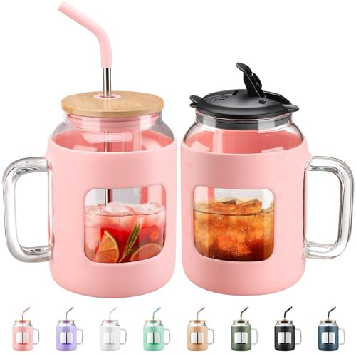 BLUEGO 1500ml Glass Tumbler with Handle and Straw Reusable Glass Tumblers with Lid Glass Coffee Mug with Silicone Sleeve BPA Free 1.5L Glass Water Bottle Leak Proof,Pink