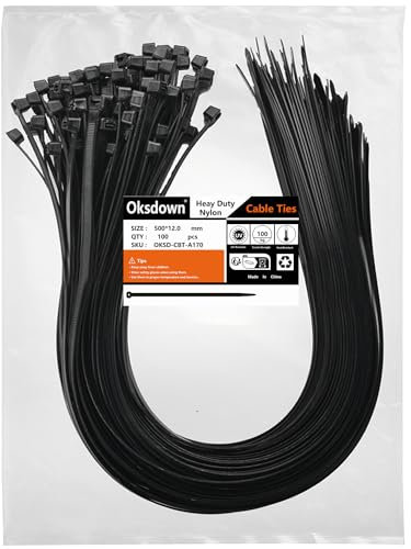 Oksdown 500 mm x 12,0 mm Collier de Serrage Plastique Noir Serre Câbles Longs Rilsan Ultra Solides Résistant aux UV Attache Câble Lot de 100 Pièces