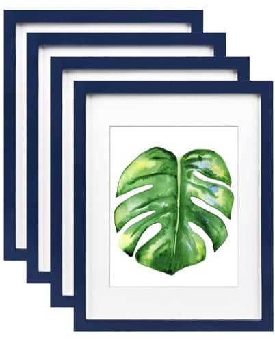 EGOFINE 14x11 Picture Frame,100% Solid Wood Frames with 10x8 Mat,14x11 Photo Frames with Plexiglass,35.6x27.9cm Poster Frame for Tabletop and Wall Mounting,Navy Blue,4 Pack