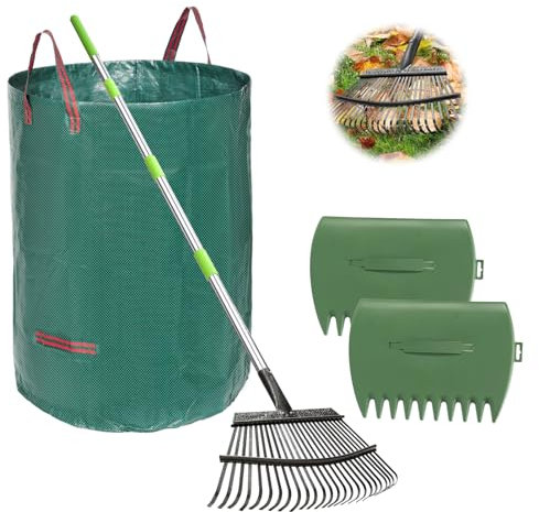 JOYHALO 165 cm Rechen für Blätter, 25 Zinken, Metall-Laubbesen, Set mit 32 Gallonen Laubbeuteln, Gartenrechen 45,7 cm breit, Rechen für Gartenarbeit, Rasen, Hof, Outdoor, Camping, Strauch, Grasstrauch