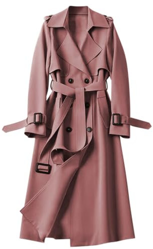 Minetom Femme Trench-Coat à Double Boutonnage Elégant Manches Longues Automne Hiver Revers Veste Longue Manteau avec Ceinture A Rose M