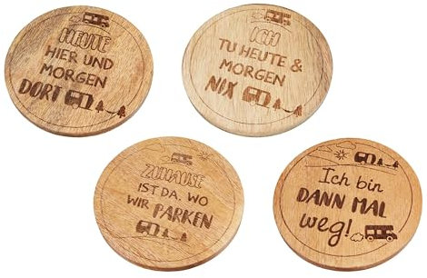 Gilde - 50586 - Untersetzer, rund, Holz, 4er Set mit Sprüchen, Camping, 10cm x 10cm x 0,5cm, braun, Bedruckt