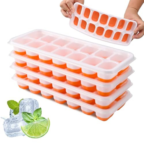 Bac a Glacon, 4 Silicone Bacs à Glaçons avec Couvercle, Glacons Moule Sans BPA à Dégagement Facile, Ice Cube Tray Pour Whisky, Cocktails, Boissons (Orange)