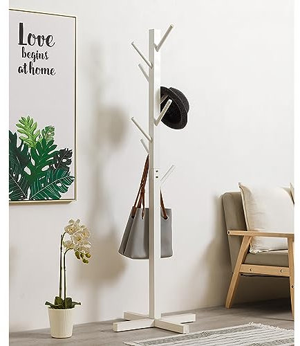 Porte-manteau en bois avec 8 crochets pour manteaux, chapeaux, écharpes et sacs à main, organisateur d'entrée autonome pour la maison et l'hôtel, porte-manteau robuste et élégant (blanc)