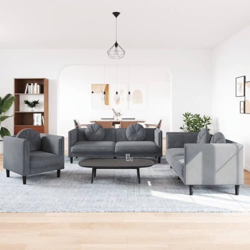 Brokky 3-TLG. Sofagarnitur mit Kissen - Samt, Dunkelgrau, 193,5 x 77 x 70 cm, 3-Sitzer, Wohnzimmer, Sofa Set